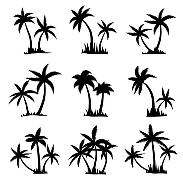 Set Silueta Palmera Coco Aislada Sobre Fondo Blanco Ilustración Vectorial — Vector de stock