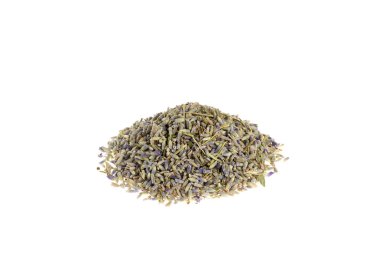 Beyaz arka planda, Lavandula Angustifolia çiçekleri, kurutulmuş lavanta yığını.