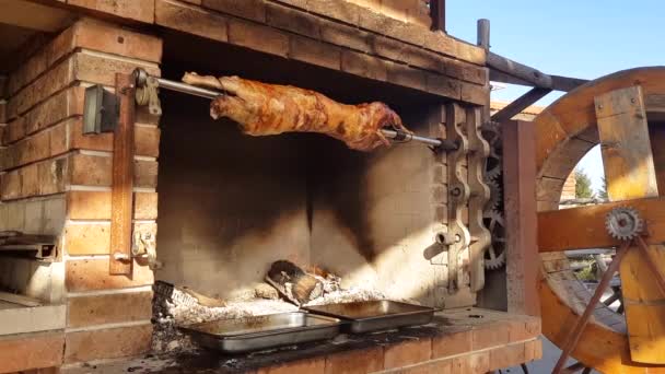 Cuspir cordeiros assados, maneira tradicional de assar cordeiros em uma rotisserie cuspir na Bulgária. Cheverme.. — Vídeo de Stock