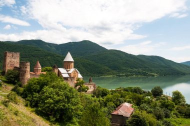 Yaz görünümü Gürcistan'daki kale ve Ananuri Kilisesi