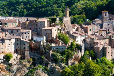 Güzel klasik panoramik Sorano Antik şehir Güz, Grosseto eyaletinde, Güney Toskana, İtalya