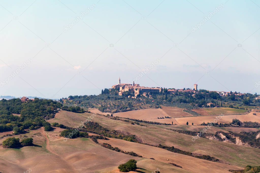 Beautiful autumn landscape of Val dOrcia on the background Pienza Tuscany, Italy