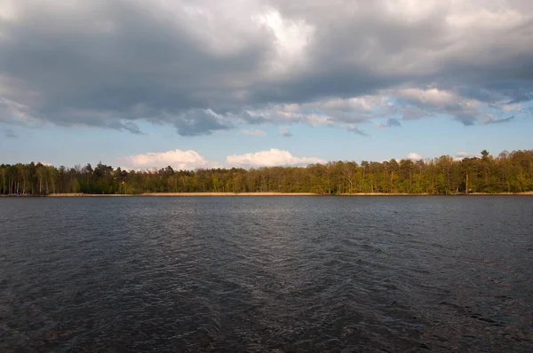 Lake met donker blauwe water en een groen bos op een zomerdag — Stockfoto