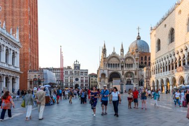 Venice, Italy - September 16, 2019: San Marco square with Campanile and San Marco Basilica. The main square of Venice, Italy.