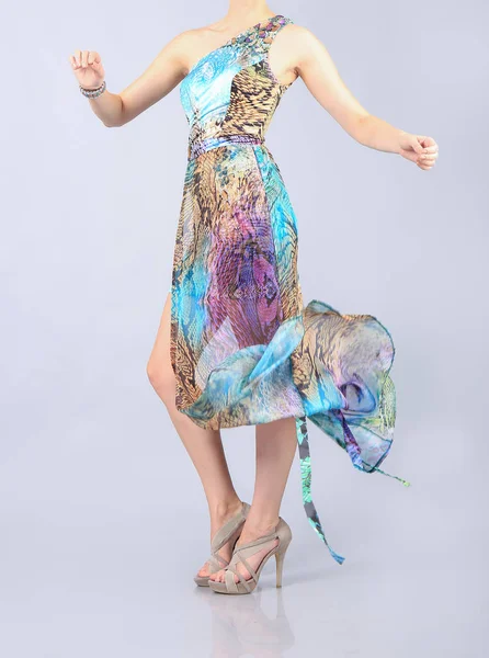 Beautiful long multi colour dress girl — Stock Photo, Image