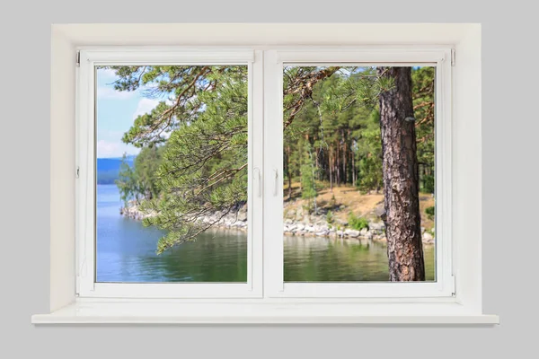 Uitzicht op het meer en dennen bos vanuit het venster — Stockfoto