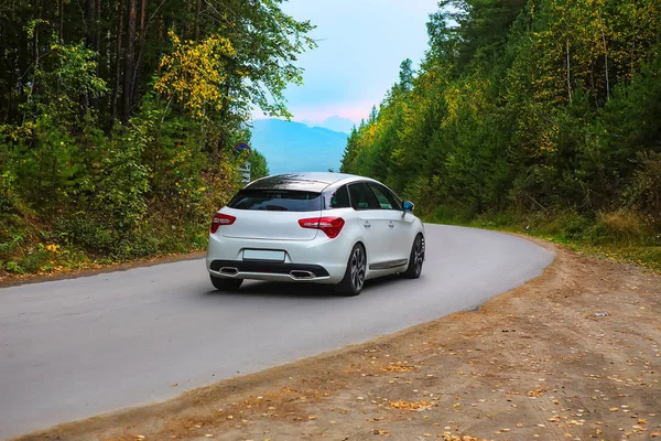 가을 숲 속 꼬불꼬불 한길을 질주하는 자동차 — 스톡 사진