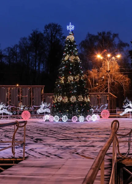 Beleuchteter Weihnachtsbaum Vor Dunklem Hintergrund Neujahrsdekoration — Stockfoto