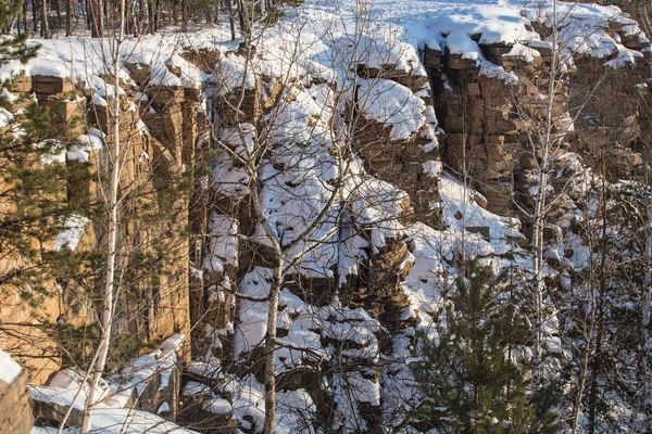 Landschap met rotsen bedekt met bomen in de sneeuw — Stockfoto