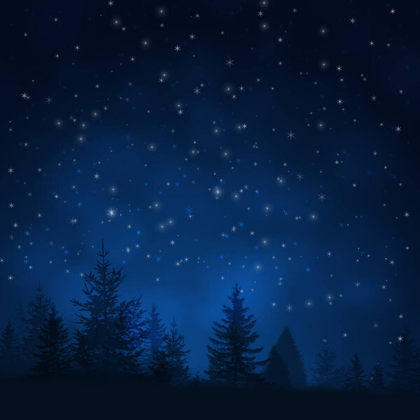 Winter night forest blue background with stars and snow