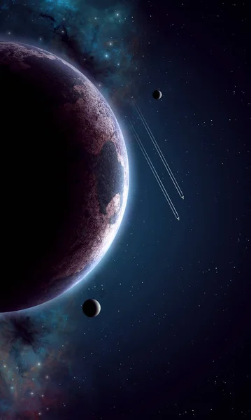 Illusztráció Képzeletbeli Mélyűri Expedíció Űrhajókkal Csillagmezőn — Stock Fotó
