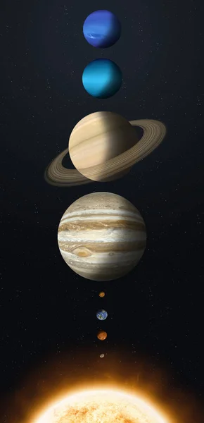 3D例证 太阳系行星的全尺寸比较 — 图库照片