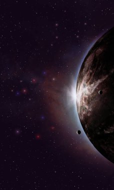 3 boyutlu illüstrasyon. Güneş ve uyduları olan kozmik uzay arkaplanı