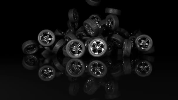 大きな山や3Dアニメーションの中に車の車輪がたくさん積もっています — ストック動画