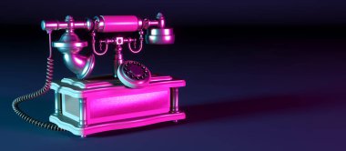 Siyah arkaplanda neon ışıkta koyu renkli bir retro telefon.