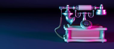 Siyah arkaplanda neon ışıkta koyu renkli bir retro telefon.
