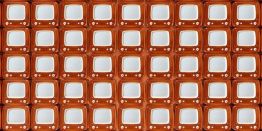 Birçok kahverengi retro TV birbirinin üstünde duruyor.