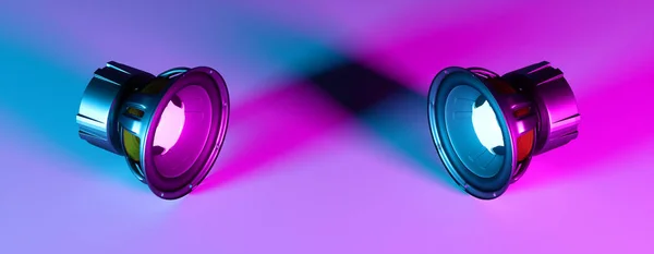 two speakers looking at each other in neon light