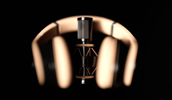 Black microphone on a black background close-up with headphones — Stock Photo, Image