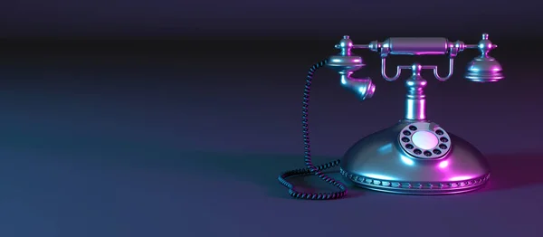 Telefone retro escuro em um fundo preto em luz de néon — Fotografia de Stock