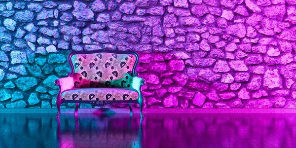 Sofá antigo contra o fundo de uma parede de tijolo em neon ligh — Fotografia de Stock