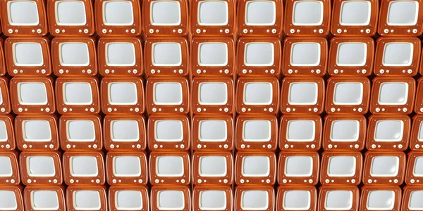 Muitas TVs retro marrom de pé em cima uns dos outros — Fotografia de Stock