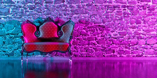 antique sofa against the background of a brick wall in neon ligh