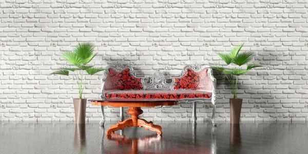 vintage interior with red sofa on a white wall background