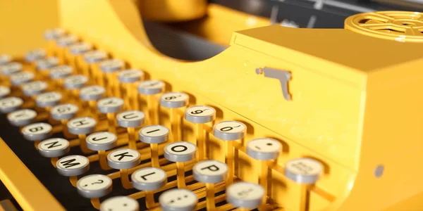 Yellow retro typewriter close-up on a yellow background — Stock Photo, Image