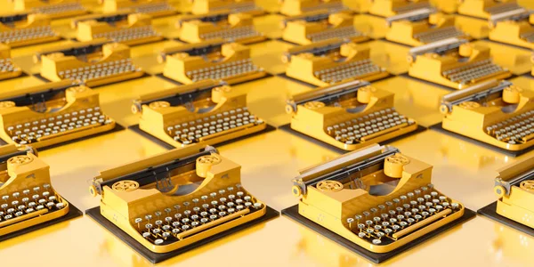 Many yellow retro typewriters on a yellow background — Stock Photo, Image