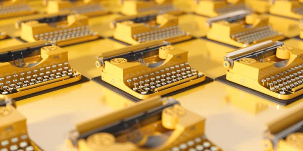 Many yellow retro typewriters on a yellow background — Stock Photo, Image