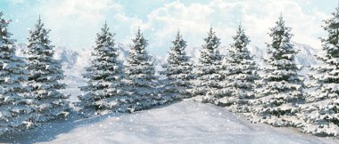 Noel manzarası Karla kaplı Noel ağaçları