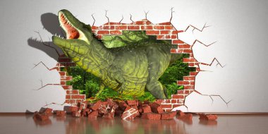 Duvardaki bir fay üzerinde sürünen dinozor.