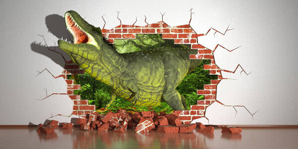 dinosaur crawling out of a fault in the wall
