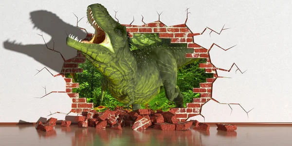 Dinosaurio arrastrándose por una falla en la pared —  Fotos de Stock