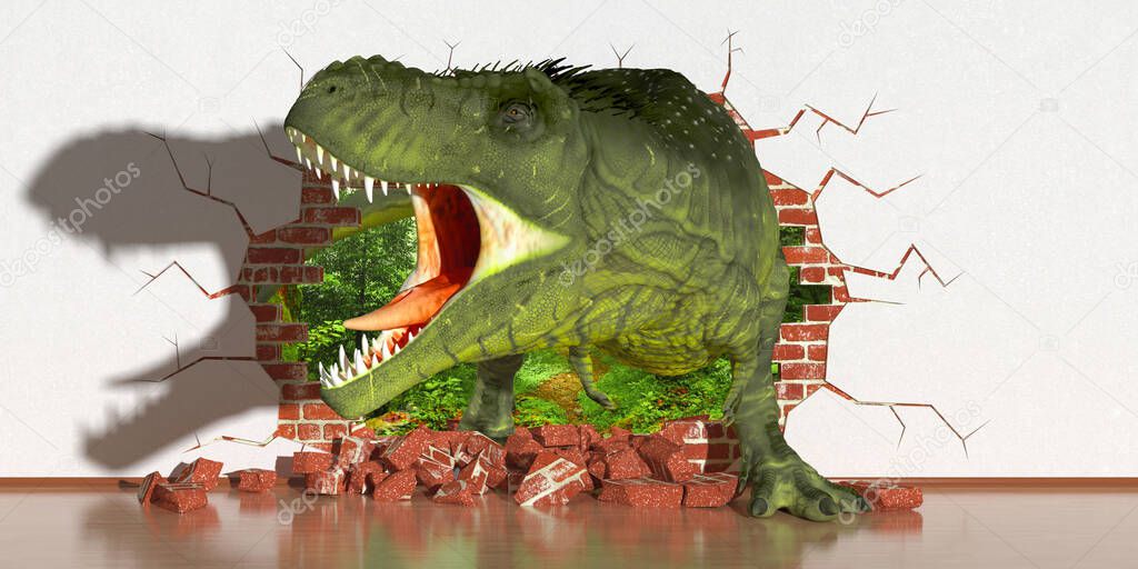 dinosaur crawling out of a fault in the wall