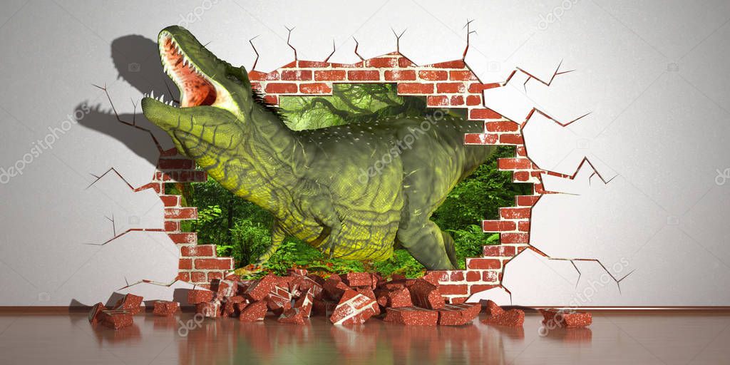 dinosaur crawling out of a fault in the wall