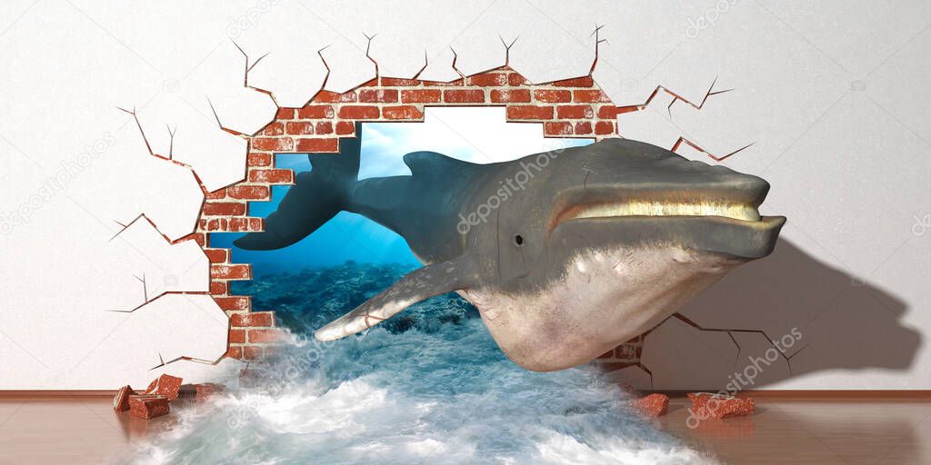whale emerging from a fault in the wall