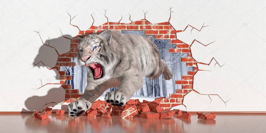 tiger emerging from a fault in the wall