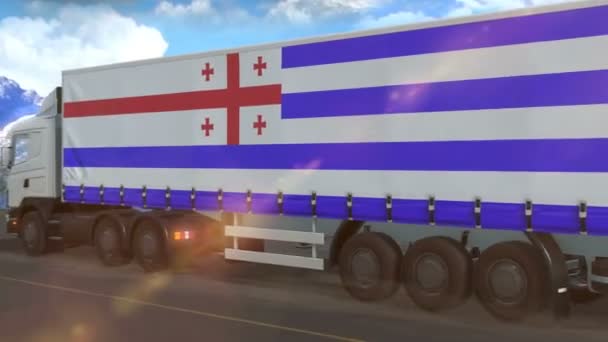 Прапор Аджарії Показаний Стороні Великої Вантажівки Їде Шосе — стокове відео