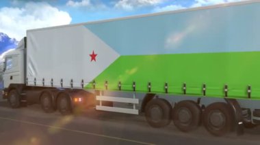 Cibuti bayrağı otoyolda giden büyük bir kamyonun yanında görülüyor.
