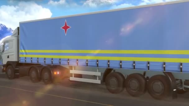 Aruba Vlag Afgebeeld Zijkant Van Een Grote Vrachtwagen Rijdend Een — Stockvideo