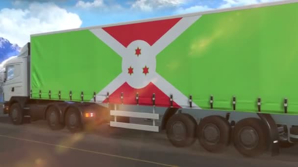 Burundi Vlag Afgebeeld Zijkant Van Een Grote Vrachtwagen Rijden Een — Stockvideo