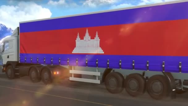 Cambodia Flag Shown Side Large Truck Driving Highway — Stock Video