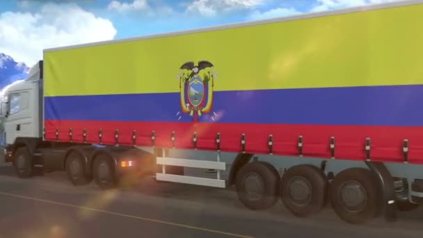 Σημαία Του Ισημερινού Στην Πλευρά Ενός Μεγάλου Φορτηγού Που Οδηγεί — Αρχείο Βίντεο