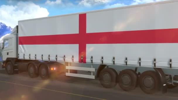 Anglie Vlajka Vyvěšena Boku Velkého Nákladního Automobilu Jedoucího Dálnici — Stock video