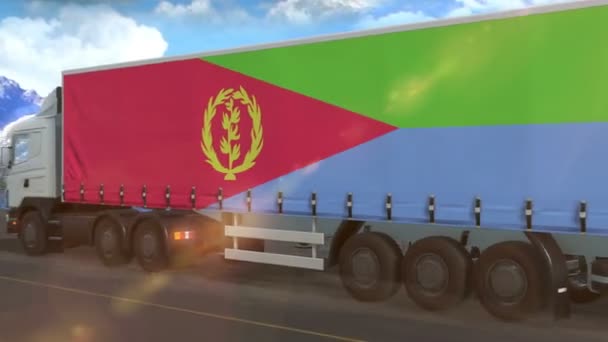 Eritrea Vlag Afgebeeld Zijkant Van Een Grote Vrachtwagen Rijden Een — Stockvideo