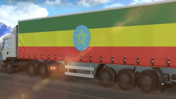 Ethiopia Flag Shown Side Large Truck Driving Highway — Stock Video