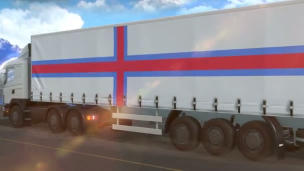 Bandeira Faroe Island Mostrada Lado Caminhão Grande Dirigindo Uma Estrada — Vídeo de Stock