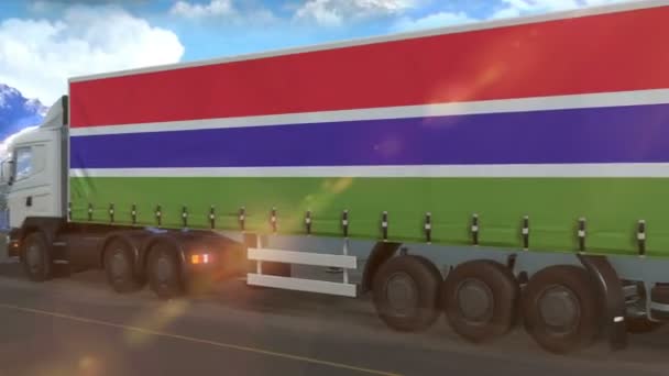 Gambia Flag Shown Side Large Truck Driving Highway — 비디오